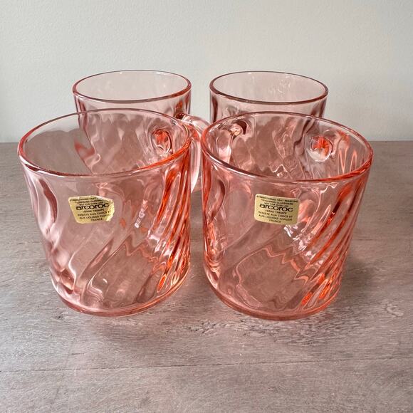 Vintage Rosaline Arcoroc Pink Swirl Glass Coffee Cup France Set of 4 8 ounces - Picture 1 of 8